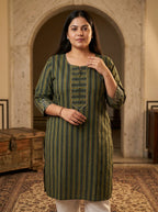 Green Cotton Striped Print Straight Kurta Plus Size-100099