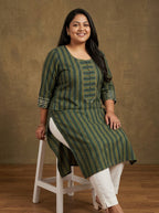 Green Cotton Striped Print Straight Kurta Plus Size-100099