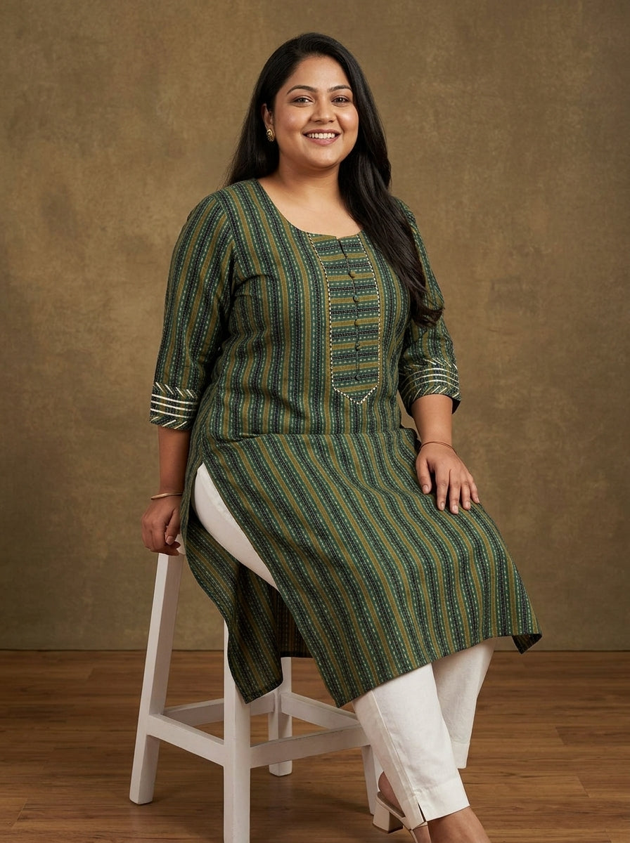 Green Cotton Striped Print Straight Kurta Plus Size-100099