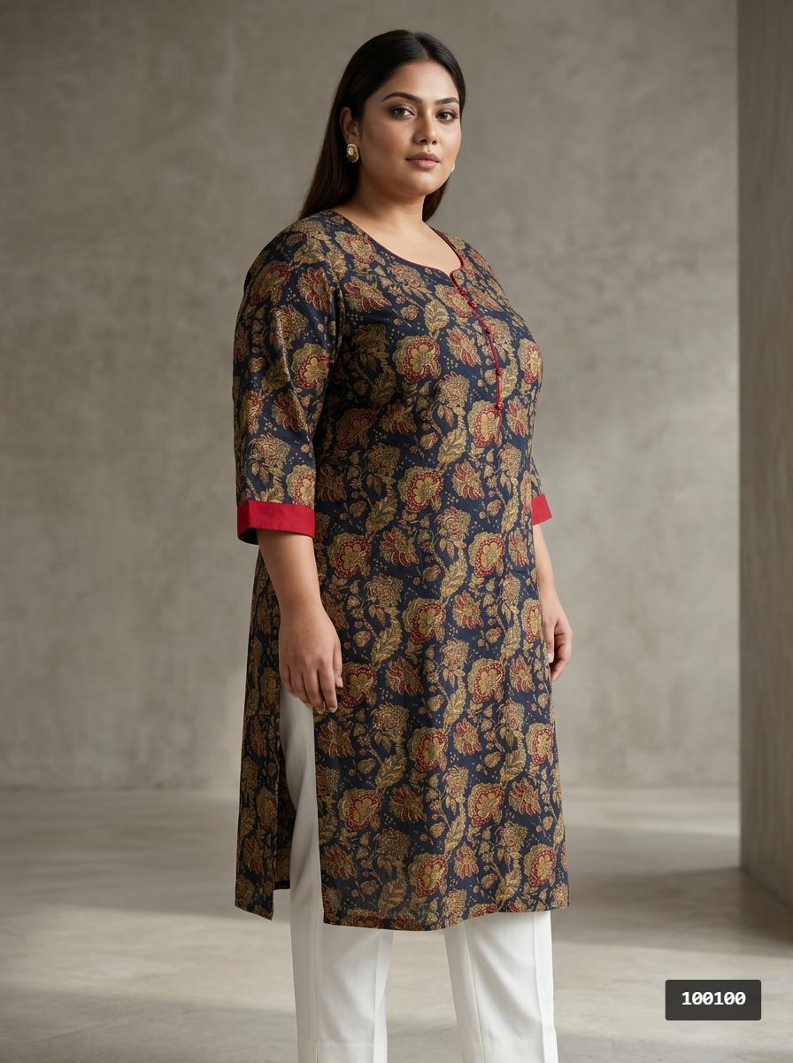 Plus Size Blue Cotton Floral Print Straight Kurta-100100