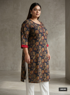 Plus Size Blue Cotton Floral Print Straight Kurta-100100