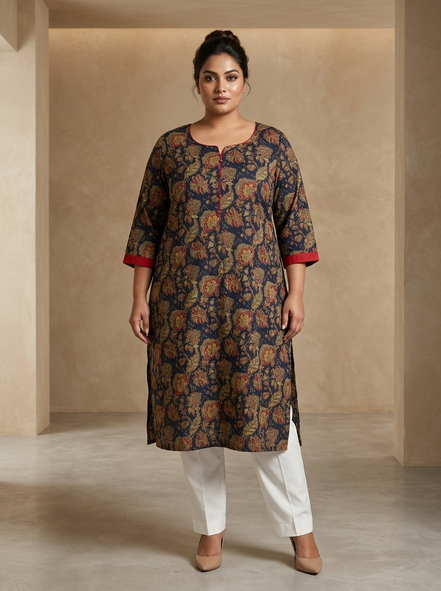 Plus Size Blue Cotton Floral Print Straight Kurta-100100