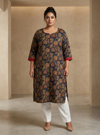Plus Size Blue Cotton Floral Print Straight Kurta-100100