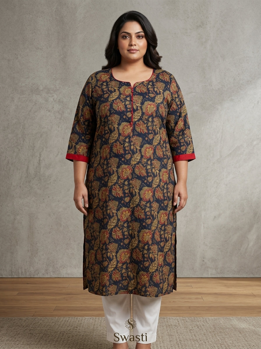 Plus Size Blue Cotton Floral Print Straight Kurta-100100