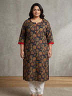 Plus Size Blue Cotton Floral Print Straight Kurta-100100
