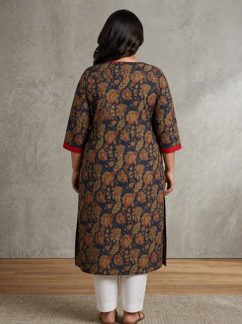 Plus Size Blue Cotton Floral Print Straight Kurta-100100
