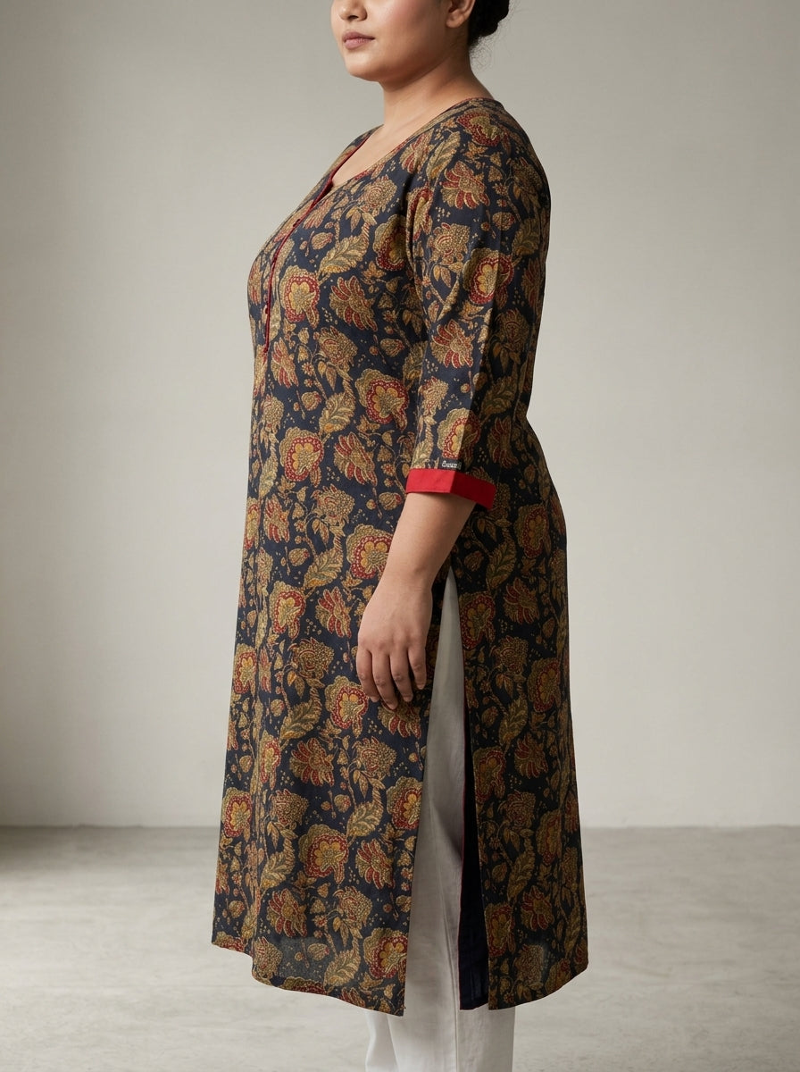 Plus Size Blue Cotton Floral Print Straight Kurta-100100