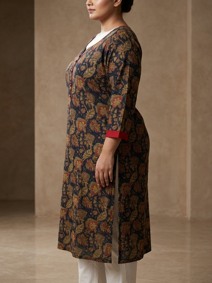Plus Size Blue Cotton Floral Print Straight Kurta-100100
