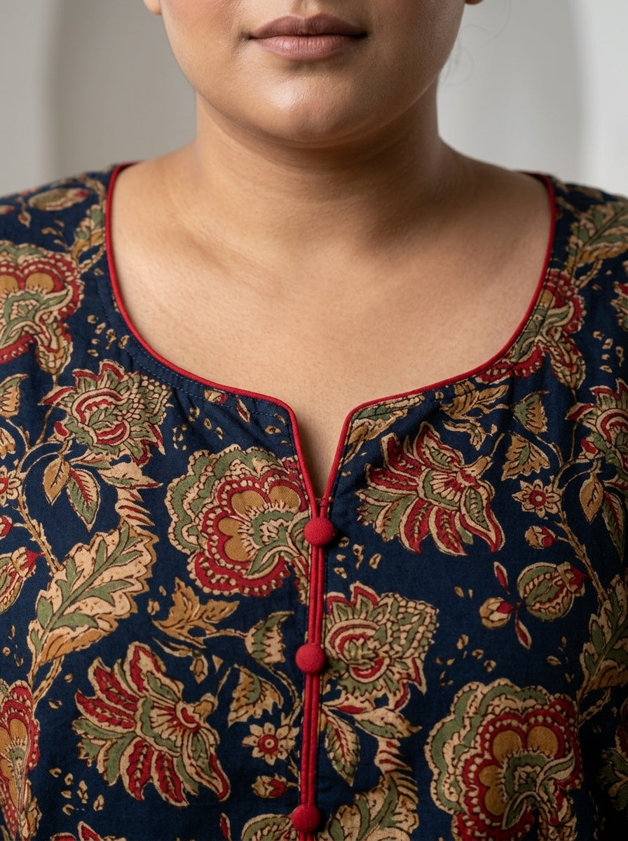 Plus Size Blue Cotton Floral Print Straight Kurta-100100