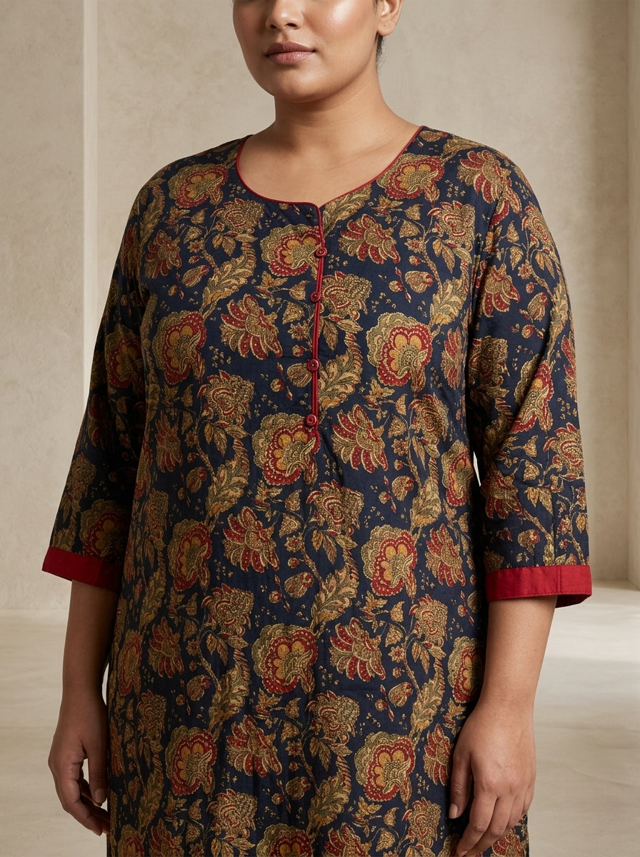 Plus Size Blue Cotton Floral Print Straight Kurta-100100