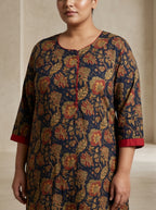 Plus Size Blue Cotton Floral Print Straight Kurta-100100
