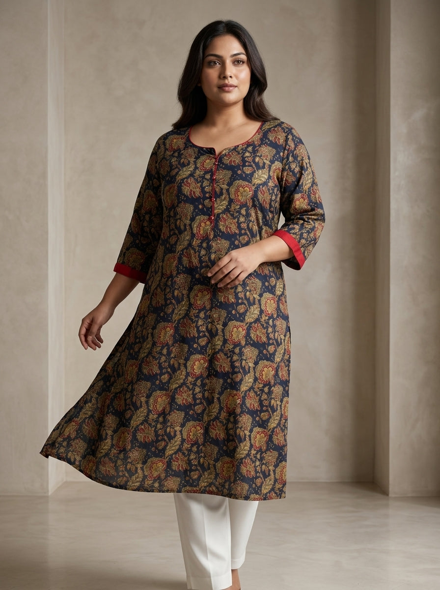 Plus Size Blue Cotton Floral Print Straight Kurta-100100