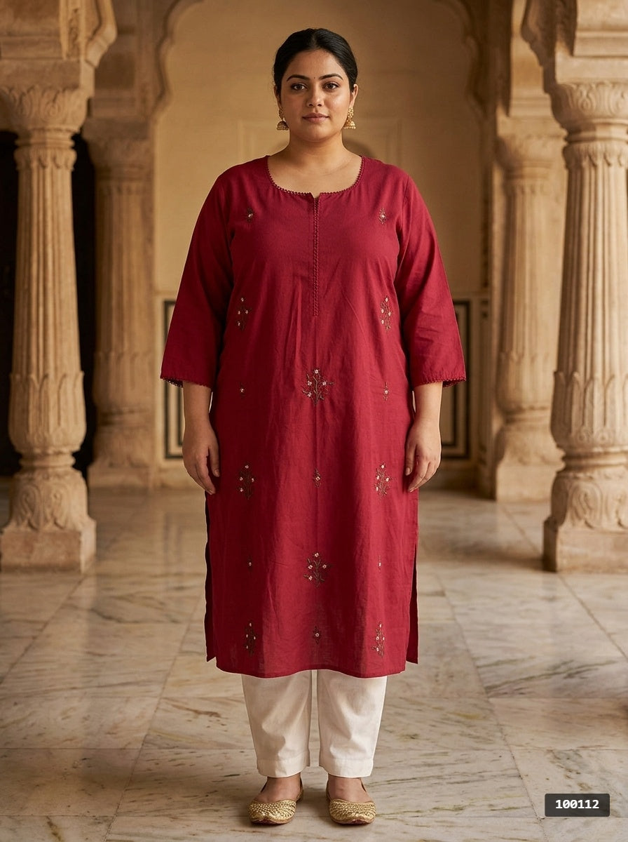 Plus Size Maroon Cotton Solid Print Straight Kurta-100103 Main image