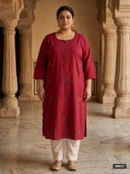 Plus Size Maroon Cotton Solid Print Straight Kurta-100103