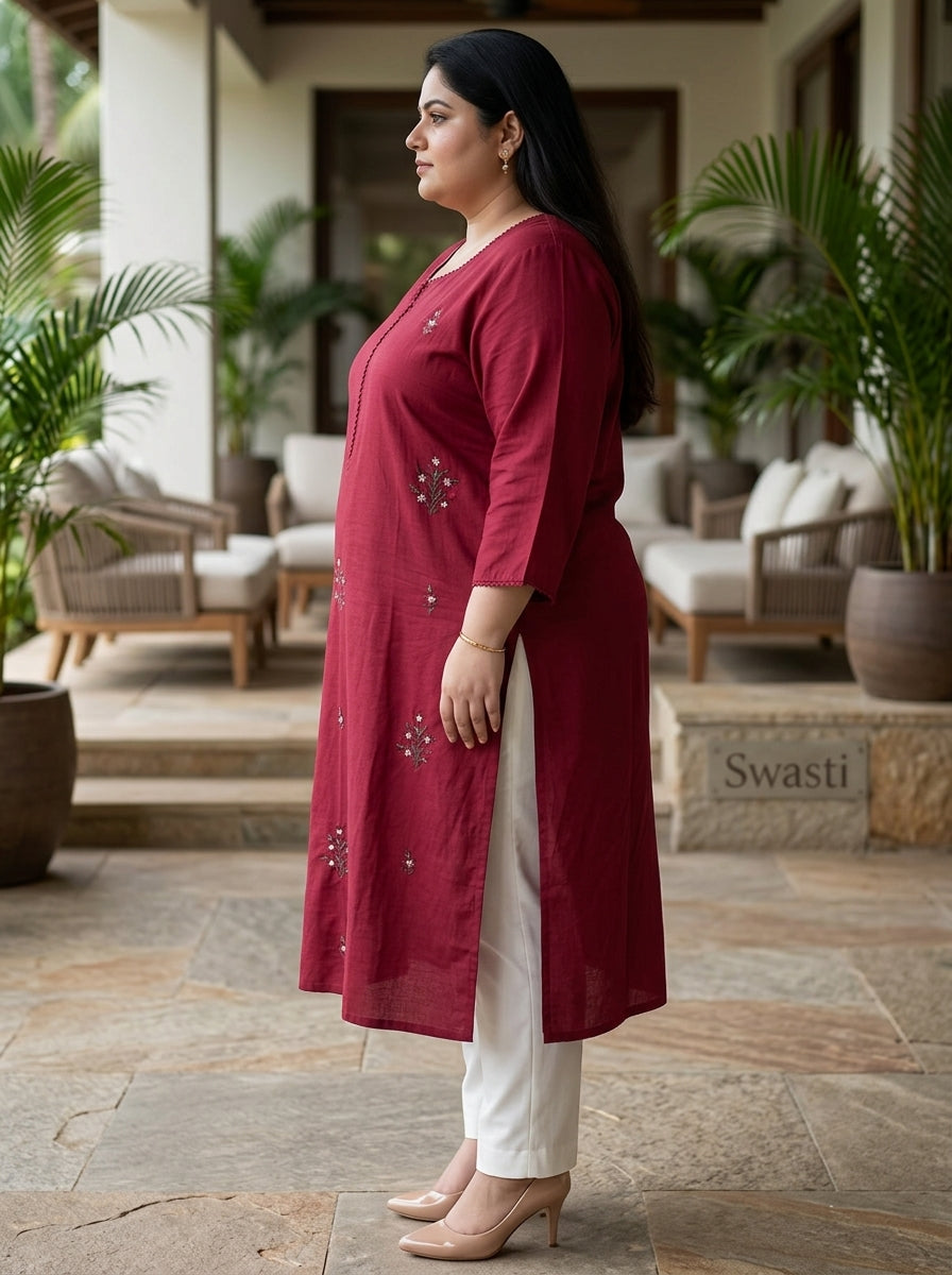 Plus Size Maroon Cotton Solid Print Straight Kurta-100103