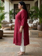 Plus Size Maroon Cotton Solid Print Straight Kurta-100103
