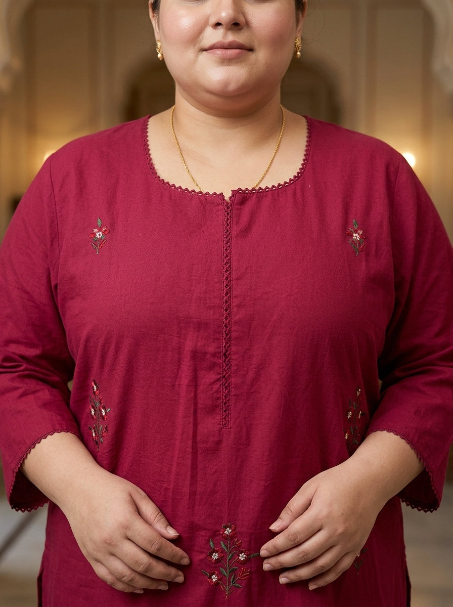 Plus Size Maroon Cotton Solid Print Straight Kurta-100103