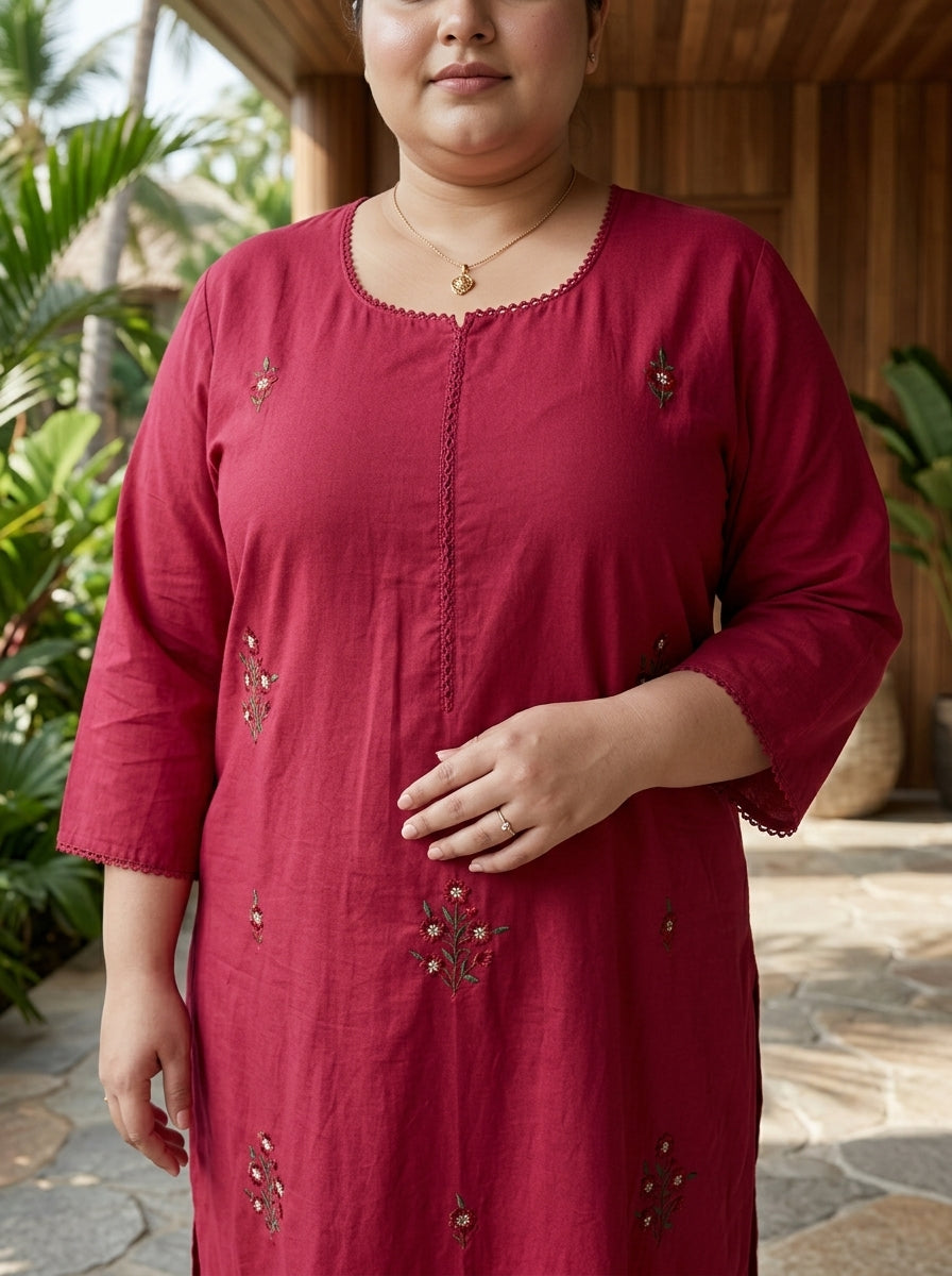 Plus Size Maroon Cotton Solid Print Straight Kurta-100103
