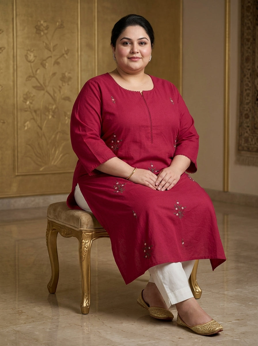 Plus Size Maroon Cotton Solid Print Straight Kurta-100103