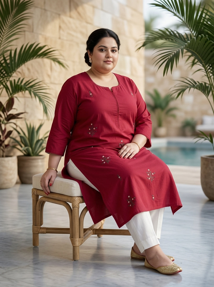 Plus Size Maroon Cotton Solid Print Straight Kurta-100103