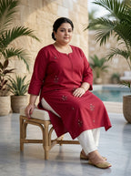 Plus Size Maroon Cotton Solid Print Straight Kurta-100103