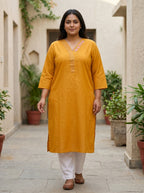 Mustard Cotton Embroidered Straight Kurta-100104