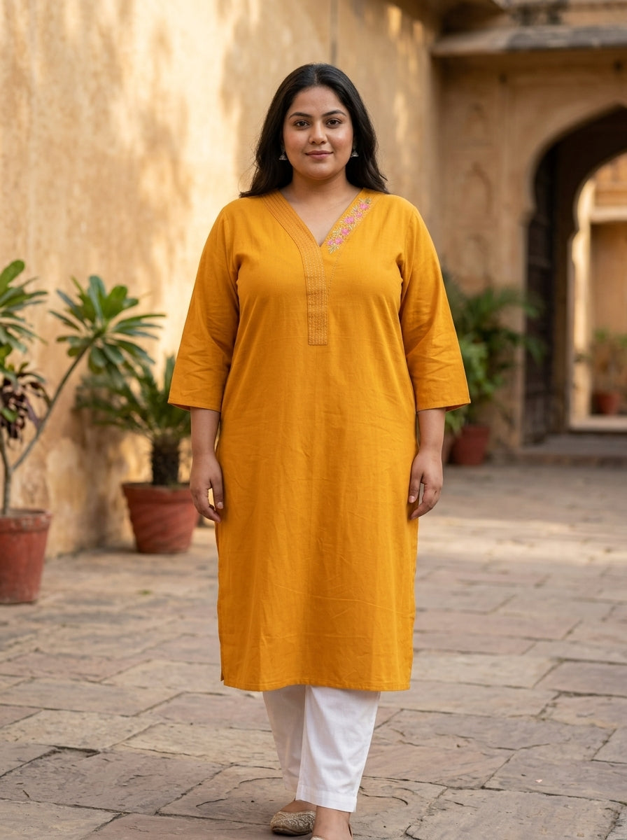 Mustard Cotton Embroidered Straight Kurta-100104