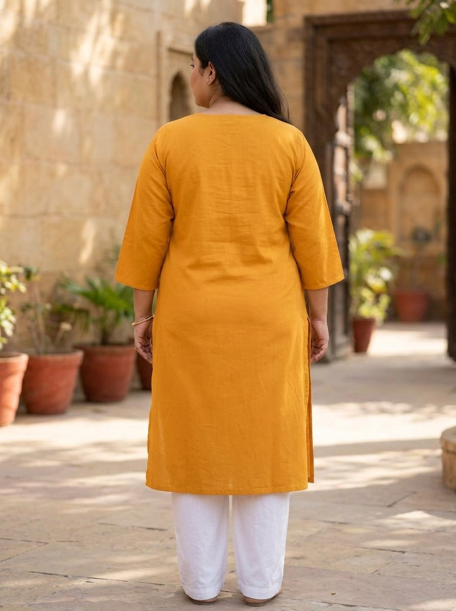 Mustard Cotton Embroidered Straight Kurta-100104