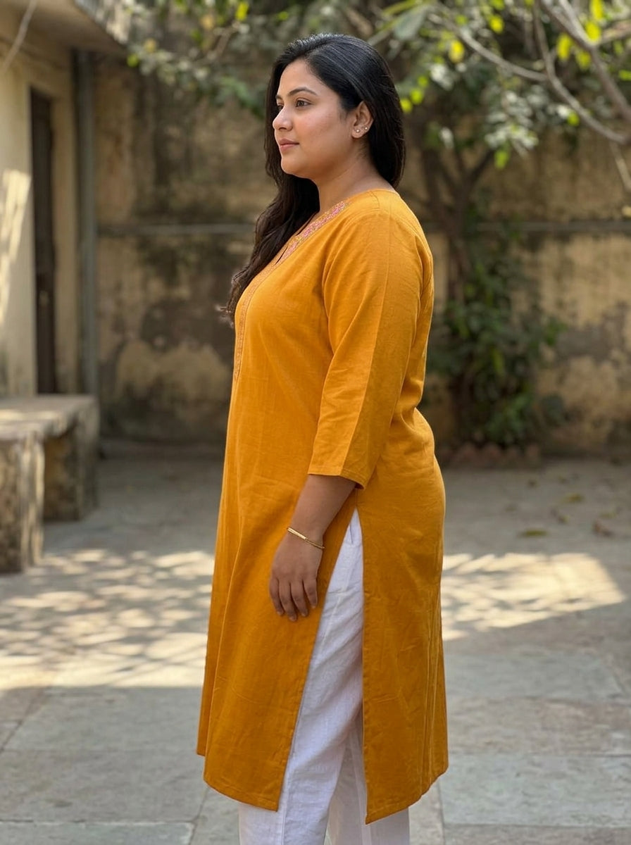 Mustard Cotton Embroidered Straight Kurta-100104