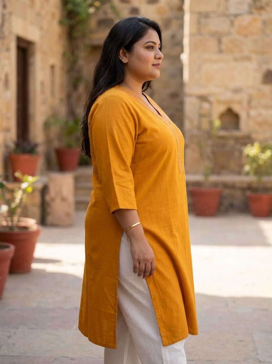 Mustard Cotton Embroidered Straight Kurta-100104