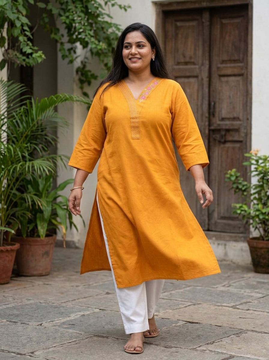 Mustard Cotton Embroidered Straight Kurta-100104 Secondary image
