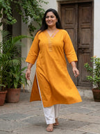 Mustard Cotton Embroidered Straight Kurta-100104