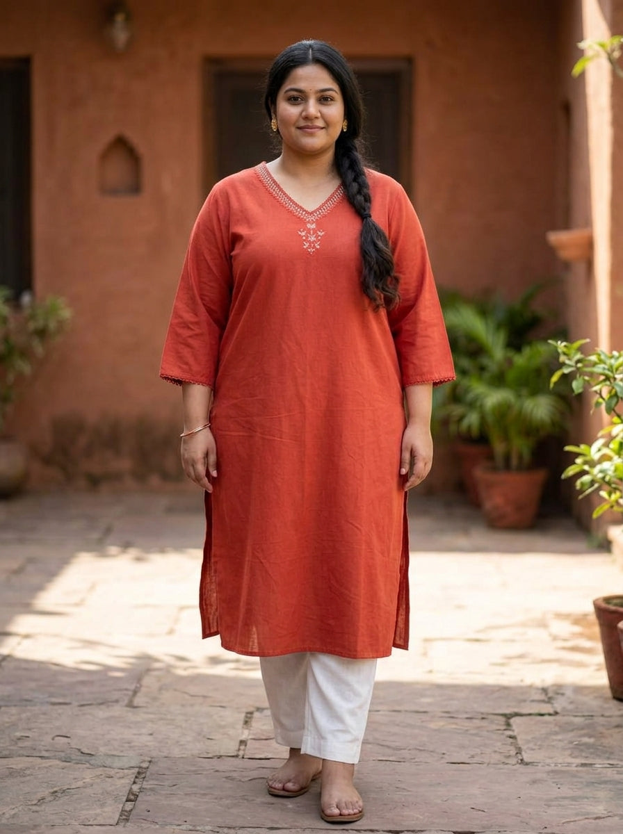 Plus Size Cotton Rust Embroidered Straight Kurta-100105
