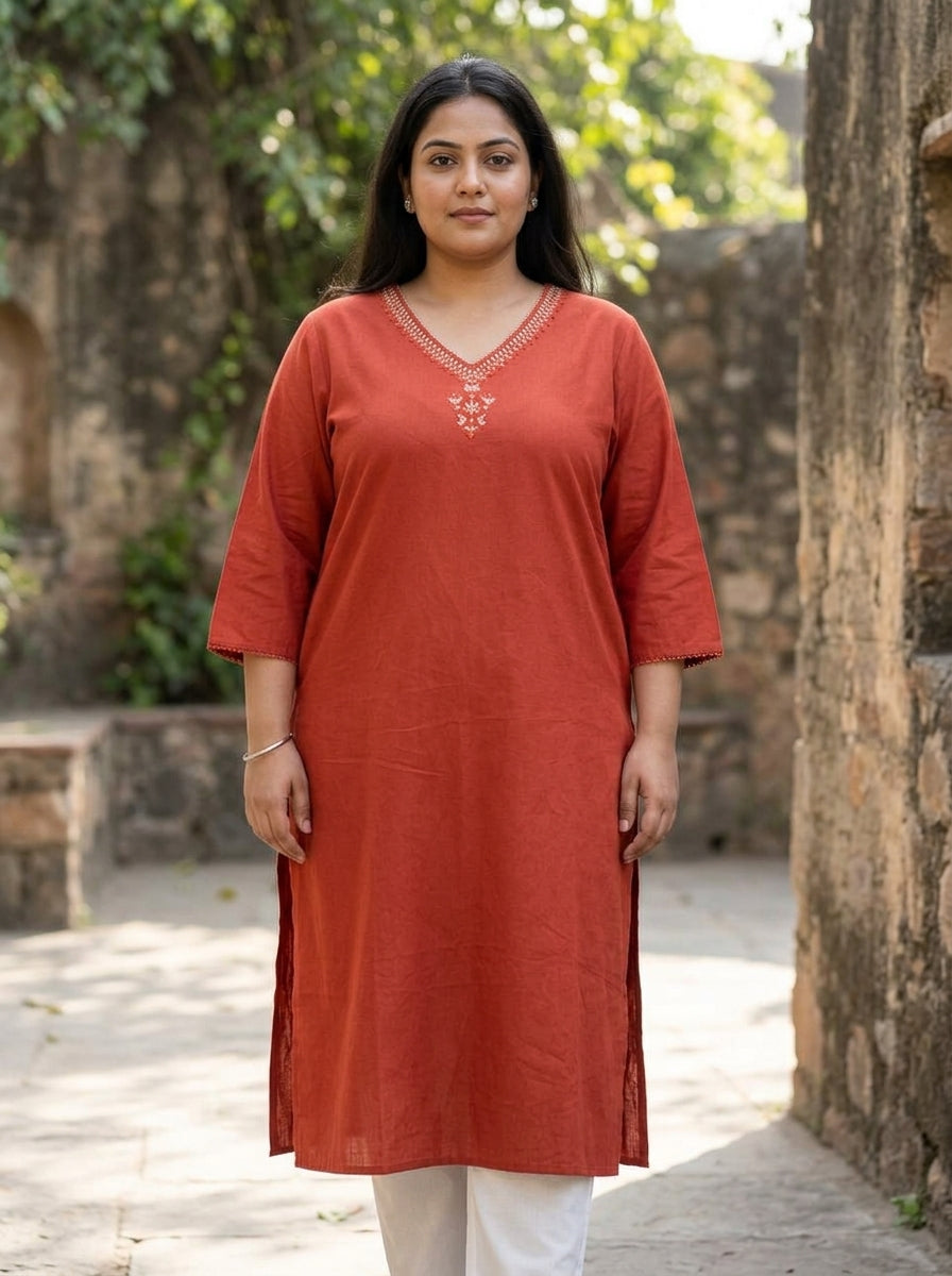 Plus Size Cotton Rust Embroidered Straight Kurta-100105 Secondary image
