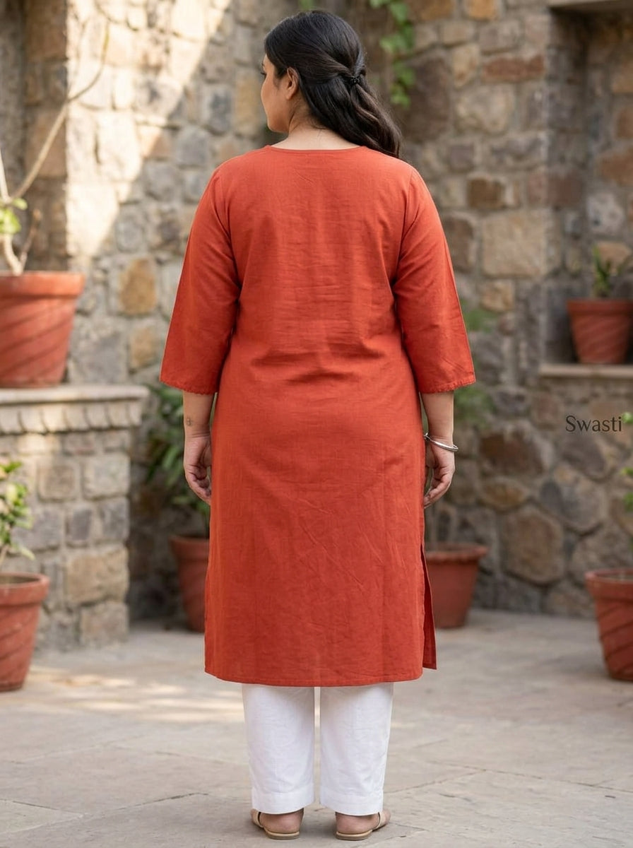 Plus Size Cotton Rust Embroidered Straight Kurta-100105