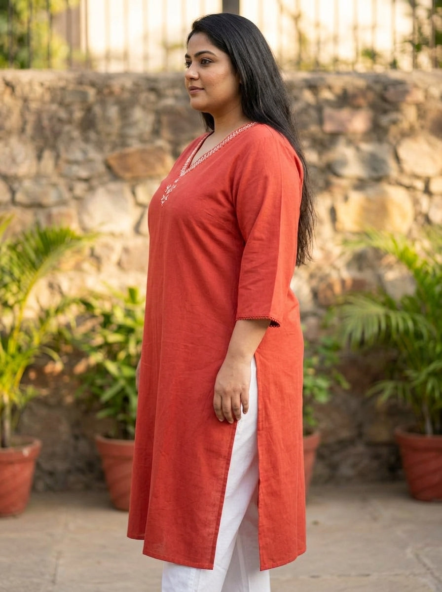 Plus Size Cotton Rust Embroidered Straight Kurta-100105