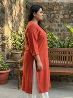 Plus Size Cotton Rust Embroidered Straight Kurta-100105