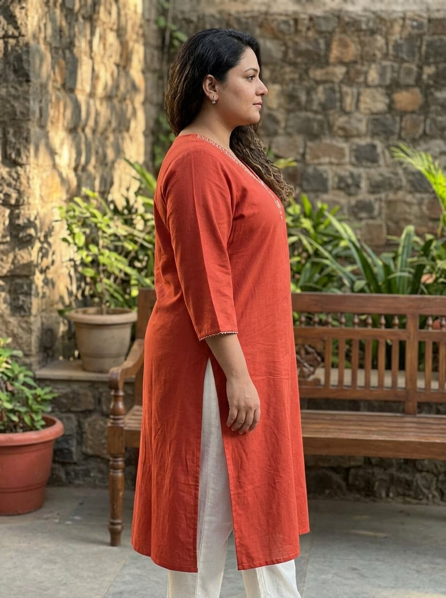 Plus Size Cotton Rust Embroidered Straight Kurta-100105