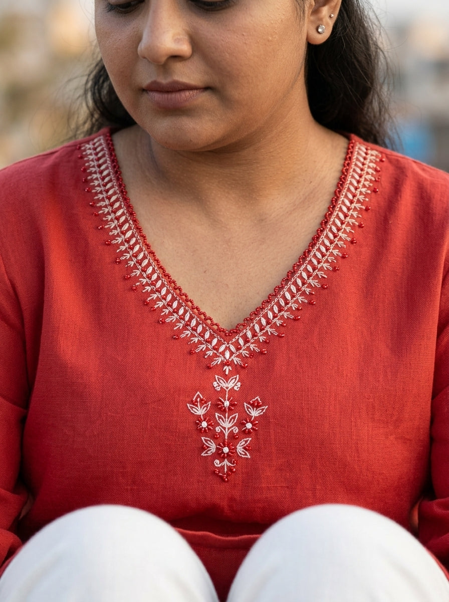 Plus Size Cotton Rust Embroidered Straight Kurta-100105