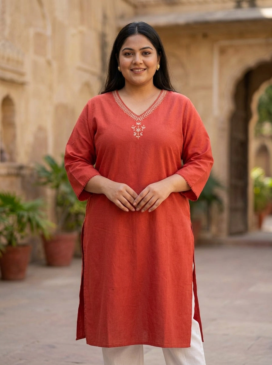 Plus Size Cotton Rust Embroidered Straight Kurta-100105
