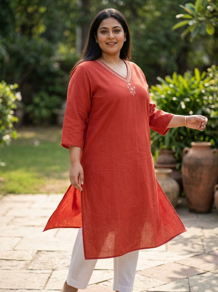 Plus Size Cotton Rust Embroidered Straight Kurta-100105
