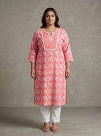 Peach Cotton Floral Print Plus Size Straight Kurta-100106