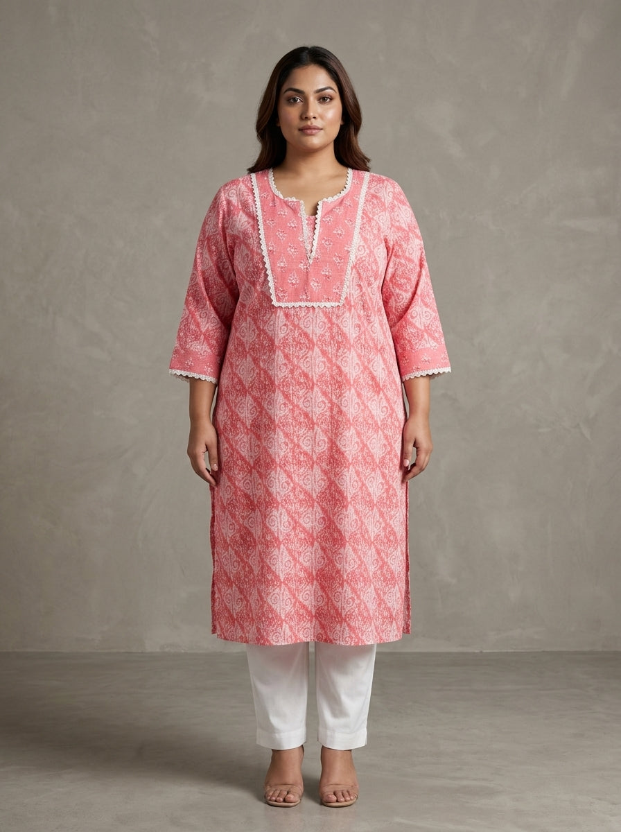 Peach Cotton Floral Print Plus Size Straight Kurta-100106