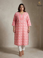 Peach Cotton Floral Print Plus Size Straight Kurta-100106