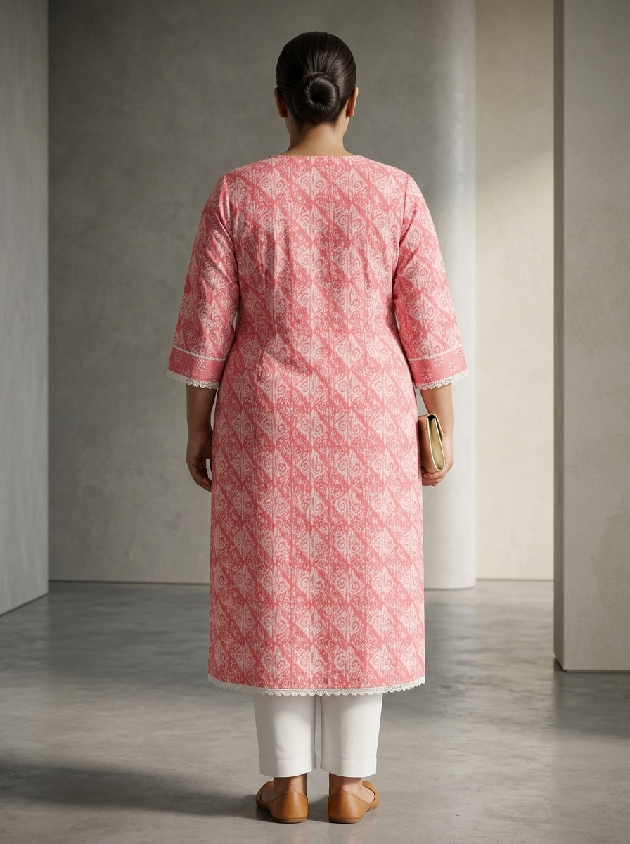 Peach Cotton Floral Print Plus Size Straight Kurta-100106