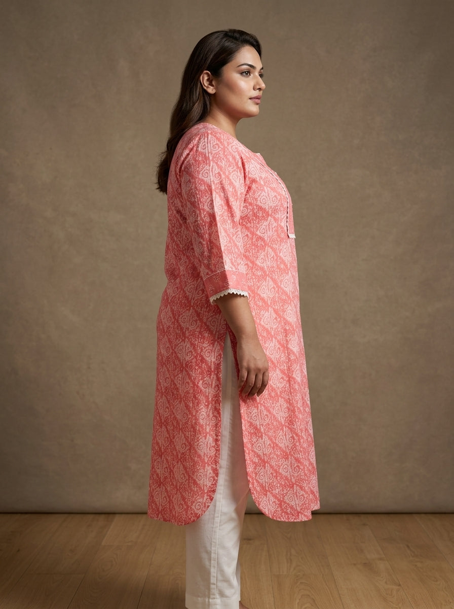 Peach Cotton Floral Print Plus Size Straight Kurta-100106