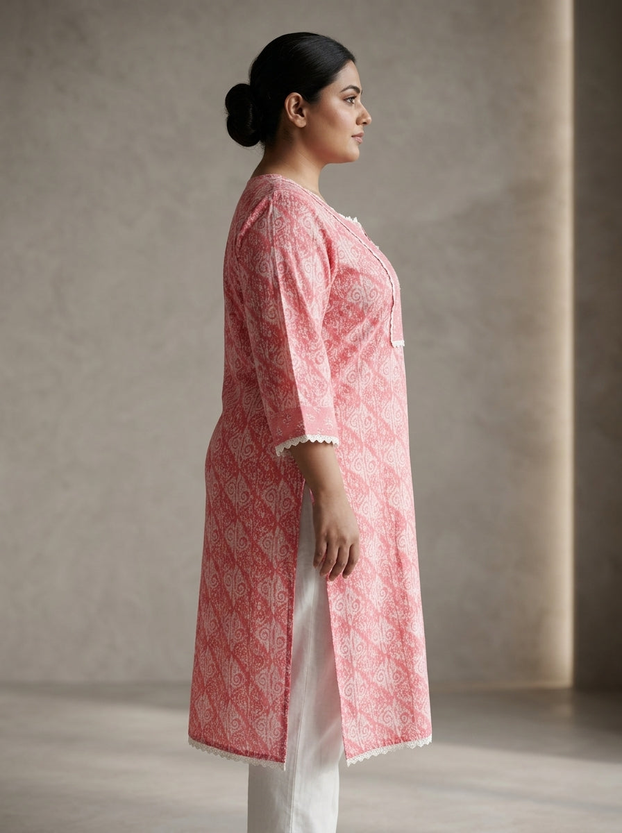 Peach Cotton Floral Print Plus Size Straight Kurta-100106