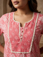 Peach Cotton Floral Print Plus Size Straight Kurta-100106