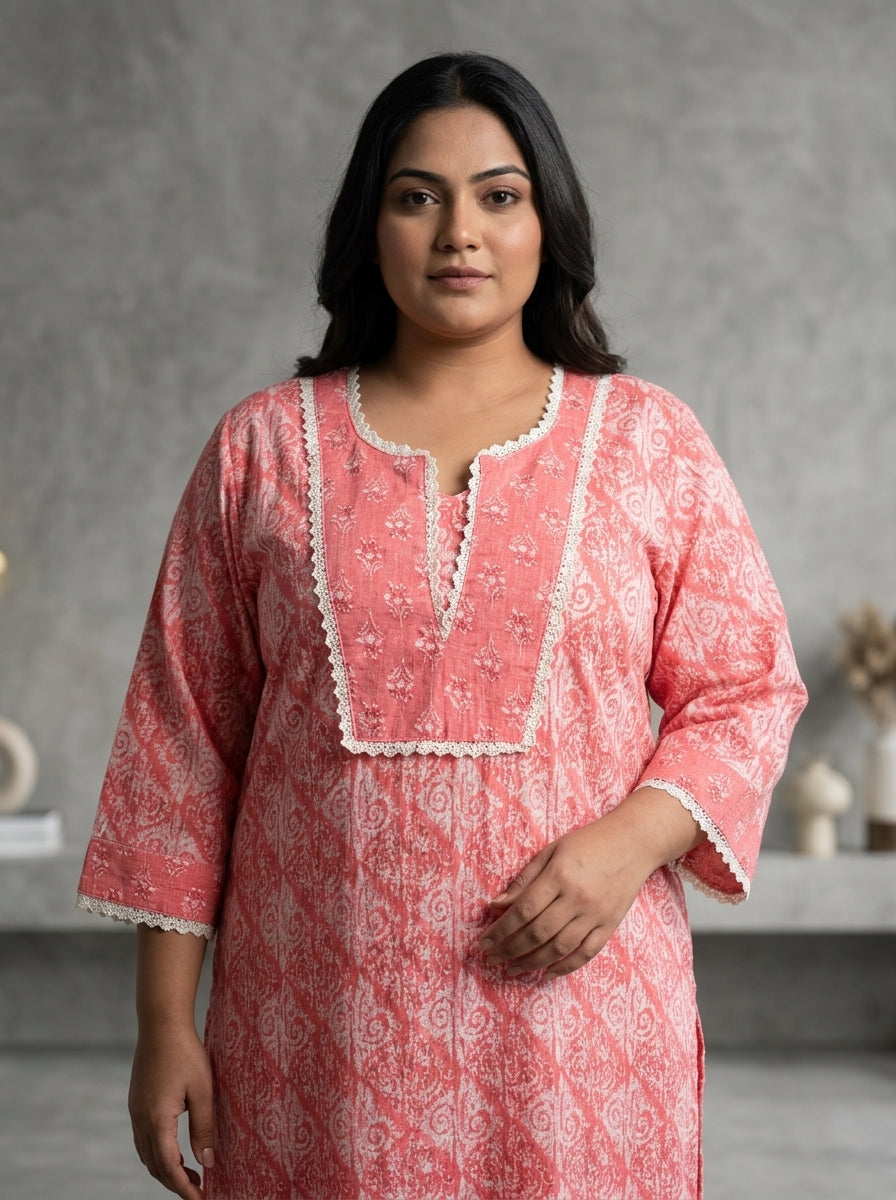 Peach Cotton Floral Print Plus Size Straight Kurta-100106