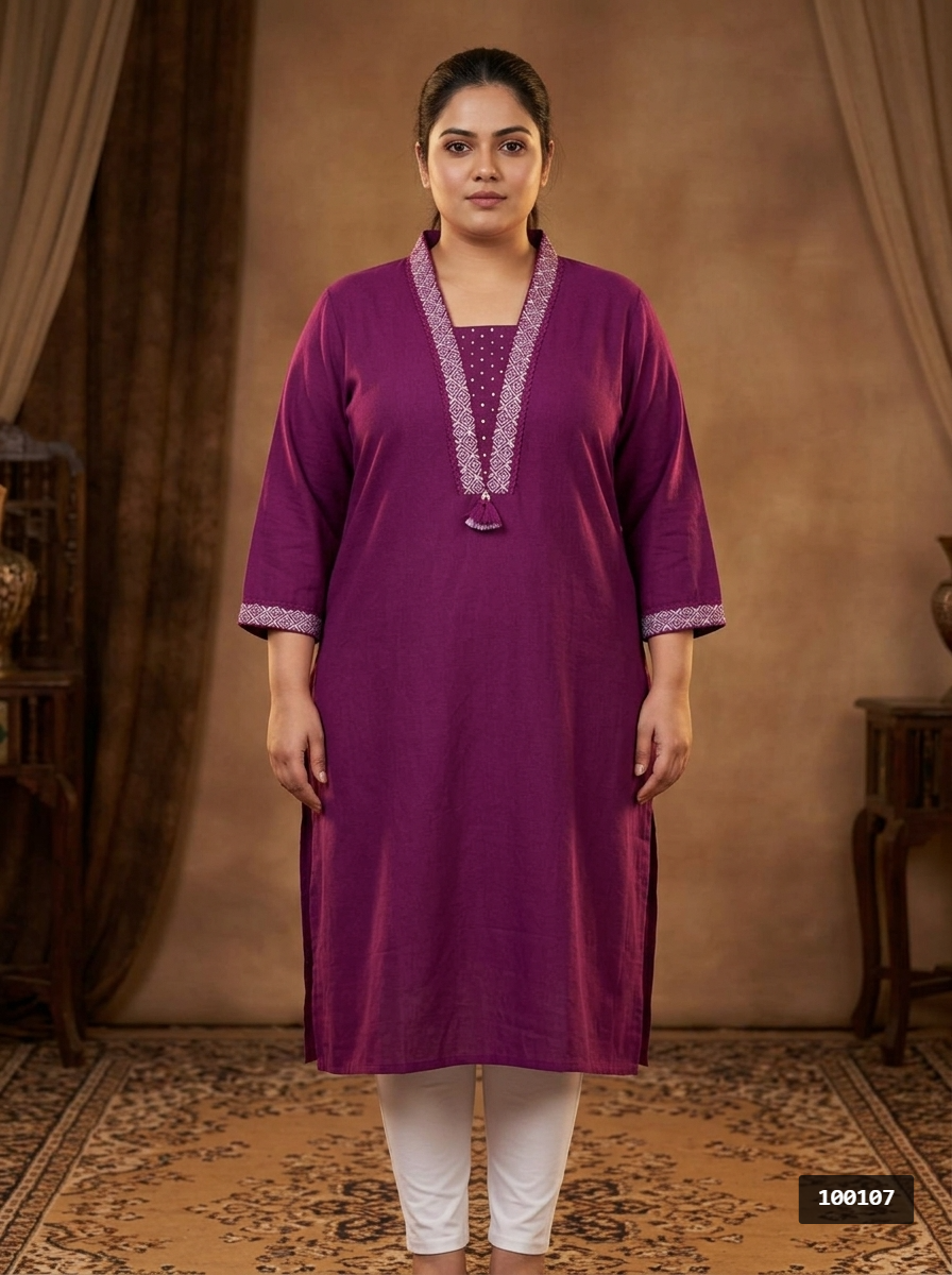 Plus Size Cotton Purple Embroidered Straight Kurta-100107
